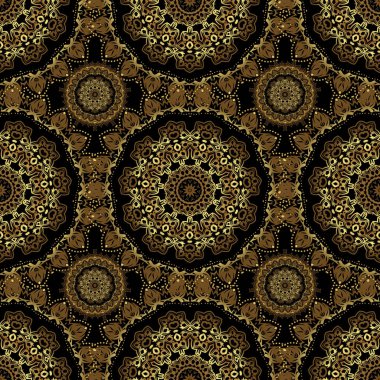 Siyah bir arka planda kusursuz desen. Geleneksel Hint tarzı, kına dövmesi, baskı, altın çıkartmalar, mehndi, yoga tasarımı için süslü çiçek unsurları. Altın mehndi 'nin vektör sanatı.