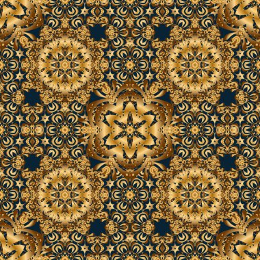 Duvar kağıdı, pankart, ambalaj, düğün kartları için kullanılabilir. Müslüman, Doğu süsü, Hint süsü, İran motifi. Mavi arka planda soyut altın halka süsü. İslami doğuya özgü pürüzsüz desen