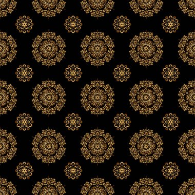 Lüks çiçekli çerçeveler ve süslü dekorlar. Vignette ve sınırlar veya tasarım şablonu için vektör altın elementler. Siyah bir arkaplanda Viktorya dönemi tarzında kusursuz desen.