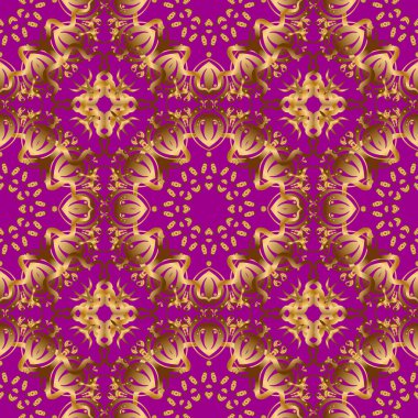Mor arka planda altın elementli desen. Mor bir arka planda vektör altın süs. Klasik dikişsiz doku. Zengin kartı karşılamak için kullanılabilir..