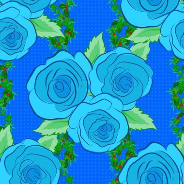 Mavi arka planda çiçekli, dikişsiz desen. Şirin vektör gül çiçekleri ve yeşil yapraklar. Vektör illüstrasyonu.