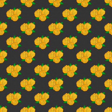 Gül çiçekleri ve yeşil yapraklı pürüzsüz desen. Grafiksel modern model. Güzel vektör arkaplanı. Sarı, yeşil ve gri renklerde kusursuz soyut çiçek deseni. Geometrik yaprak süsü.