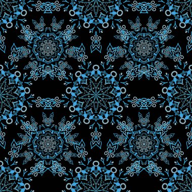 Vektör damaskesiz desen. Klasik lüks, eski moda İspanyol süsü, duvar kağıtları, tekstil ve ambalaj için kraliyet Victoria dönemi dikişsiz dokusu. Mavi renkte zarif bir barok şablonu.