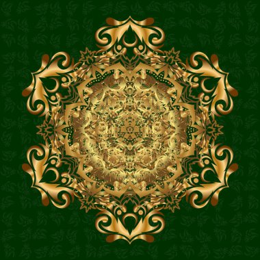 Altın vektör mehndi deseni, yeşil arka planda bir dizi kusursuz kenar. Geleneksel Hint tarzı, kına dövmesi için süs eşyaları, altın çıkartmalar, geçici dövmeler, mehndi, yoga tasarımı.