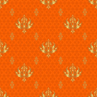Turuncu arka planda altın elementlerle kusursuz desen. Noel kartları, dekorasyon, menüler, ağ, afişler ve şarap ve tatillerle ilgili tasarımlar için iyidir. Raster illüstrasyonu.
