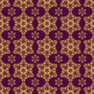 Mor bir zeminde Victoria tarzı elementler. Davetiyeler için dekorasyon, tebrik kartları, teşekkür mesajı. Altın çiçekli, pürüzsüz desen. Tasarım için vektör açgözlülüğü ve vignette.