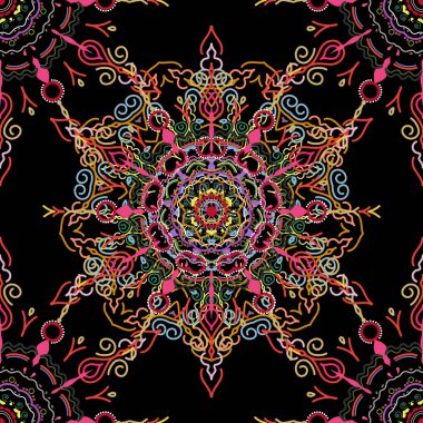 Kusursuz bir arka plan. Renkli desenler antika. Siyah bir arkaplanda mavi, pembe ve gri renkte çiçek süsü.