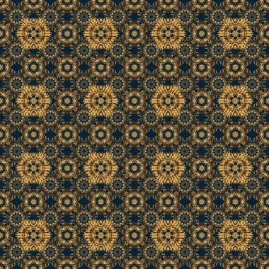 Mavi arka planda altın elementler olan soyut klasik kusursuz desen. Klasik çiçek süsü..