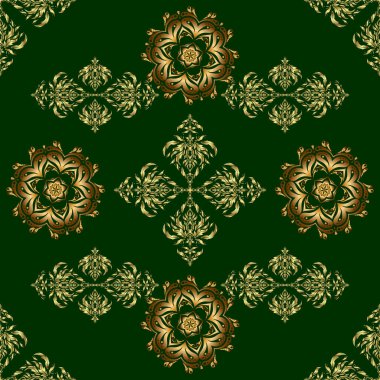 Yeşil arka planda soyut altın elementler. Vektör parlak metal yüzey pürüzsüz desen.