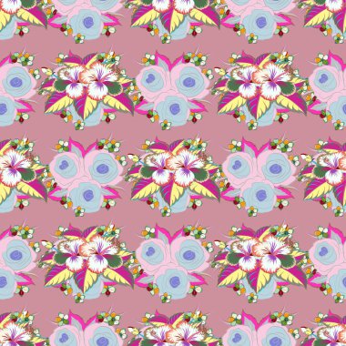 Çiçekleri ve yaprakları yeşil ve pembe renklerde olan kusursuz çiçek deseni.