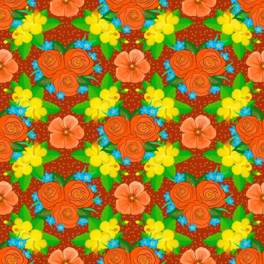 Yeşil yapraklı soyut sarı, turuncu ve yeşil İngiliz gülleri..