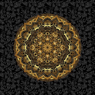 Sanat, yuvarlak, siyah arka planda izole edilmiş altın gradyanı olan renkli bir süs. Süslü, doğu mandala ile altın hatları ile.