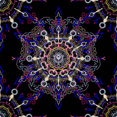 Klasik lüks, eski moda İspanyol süsü, duvar kağıtları, tekstil ve ambalaj için kraliyet Victoria dönemi dikişsiz dokusu. Enfes bir barok şablonu. Vektör damaske mavi ve pembe renklerde kusursuz desen.