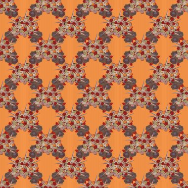 Dekoratif primula çiçekleri ve kahverengi, bej ve turuncu yapraklı kusursuz arkaplan deseni. Vektör illüstrasyonu.