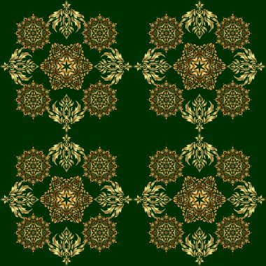 Altın elementler ve süslemelerle dokumasız desenli vektör parıltısı. Tatil için mükemmel. Yeşil arka planda altın çiçek motifi.