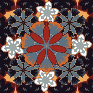 Kahverengi, sarı ve kırmızı renklerde soyut şirin çiçek deseni. Vektör çizimi. Parlak, güzel çiçekler, kusursuz bir arka plan..