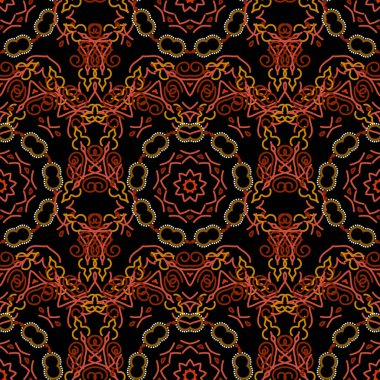 Doğulu, çiçekli bir süs. Halılar, tekstil, duvar kağıtları ve herhangi bir yüzey için şablonlar. Siyah bir arkaplanda kırmızı süslemenin vektörsüz deseni.