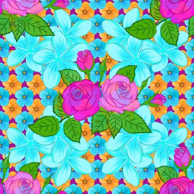 Mor arka planda modaya uygun bir iz. Gül ve yeşil yapraklı suluboya desenli. Dekorasyon ya da tasarım için güzel desen. Eflatun güller ve yapraklarla zarif bir desen.