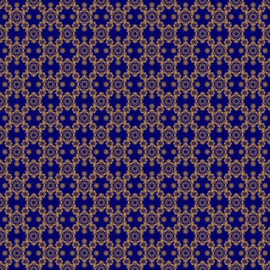 Vektör çizimi. Şatafatlı, pürüzsüz altın süs deseni. Mavi arka planda stilize dalgalar..