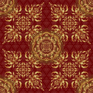 Kusursuz desenli oryantal süs. İslami vektör tasarımı Çiçek motifli altın fayanslar. Kırmızı ve altın renkli tekstil baskısı.