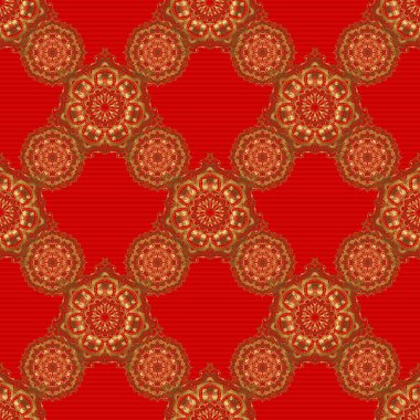 Vektör çizimi. Kırmızı arka planda barok tarzında, doğulu süslemeler. Geleneksel klasik altın ve kırmızı desen.