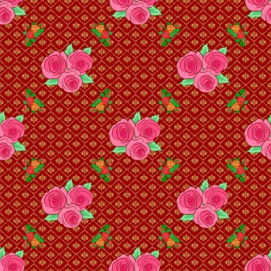 Kırmızı arka planda suluboya güller ve yeşil yapraklar. Web sayfaları, düğün davetiyeleri, tekstil, duvar kağıtları için vektör romantik arkaplan.