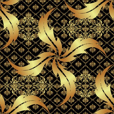 Siyah arka planda altın şebeke olan kusursuz bir desen. Altın antika süslemeli vektör kare bileşimi.