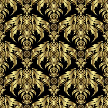 Vektör çizimi. Siyah arkaplanda altın rengi elementlerin kusursuz vektör görüntüsü. Duvar kağıdı, sunum, tasarım, tekstil için.