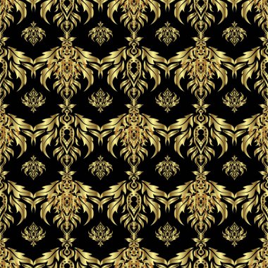 Klasik dikişsiz çiçek deseni. Kumaş, tekstil, iç dekorasyon. Siyah arkaplanda el yapımı altın elementler.