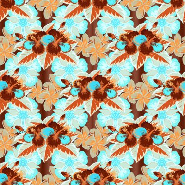 Mavi, turuncu ve kırmızı renklerle elle boyanmış. Vektör tropikal yapraklar ve mavi, turuncu ve kırmızı desensiz çiçekler.