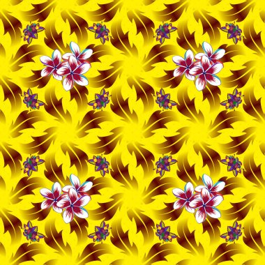 Şekillendirilmiş plumeria çiçekleri ve mor, kırmızı ve sarı yapraklı vektörsüz arkaplan deseni.