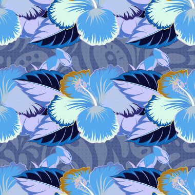 Kusursuz çiçek deseni. Menekşe, mavi ve gri amberli vektörsüz desen. Mor, mavi ve gri renklerde çiçek arkaplanı. Kusursuz çiçek deseni.