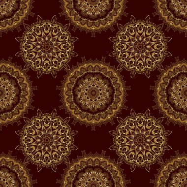 Vektör çizimi. Altın yıldızlı zarif altın süs, süslü kahverengi arka planda filigran dekoru. Lüks çiçeksiz desen, düğme desenli doku, eski tarz dekoratif elementler..