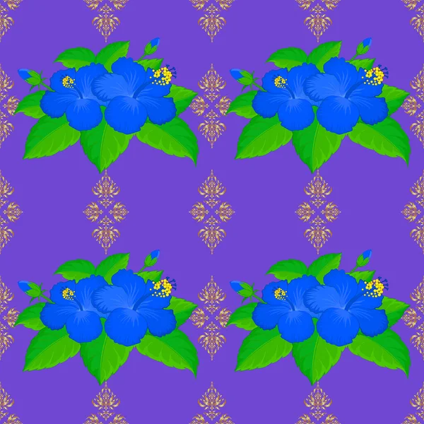 Seamless Pattern Hibiscus Flowers Green Blue Violet Colors Exquisite Pattern — Stock Vector