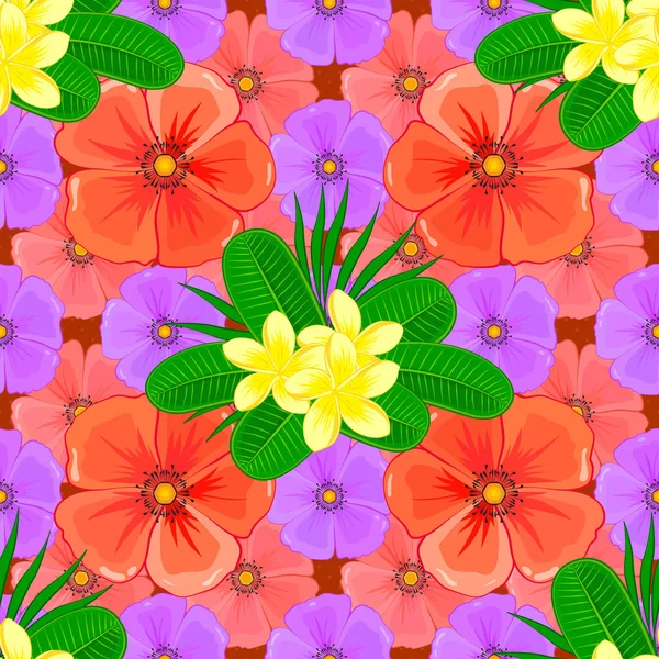 チュメリアの花とスタイリッシュな壁紙 ベクトル背景 ピンクやオレンジの花や葉を咲かせる花のシームレスなパターン — ストックベクタ