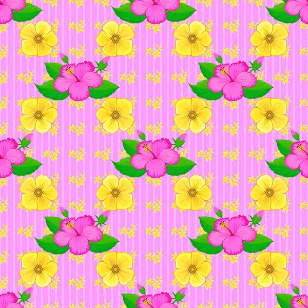 Sömlös Blommönster Med Stiliserade Hibiskus Blommor Rosa Bakgrund Vektorillustration — Stock vektor