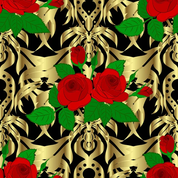 Απρόσκοπτη Μοτίβο Χαριτωμένα Τριαντάφυλλα Και Πράσινα Φύλλα Μαύρο Φόντο Άνοιξη — Διανυσματικό Αρχείο