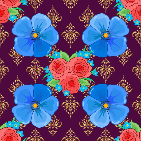 Modelo Floral Sin Costuras Color Rosa Azul Púrpura Con Flores — Archivo Imágenes Vectoriales