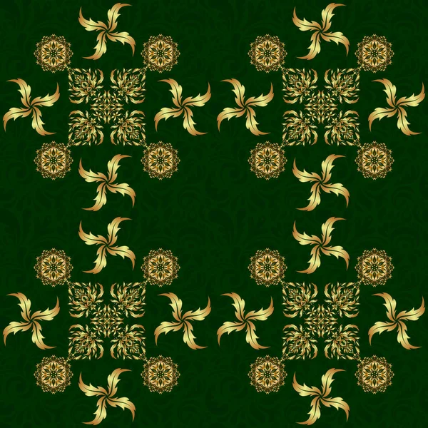 エレガントなレトロベクトルシームレスパターン 緑の背景に金色の模様 ヴィンテージスケッチ — ストックベクタ