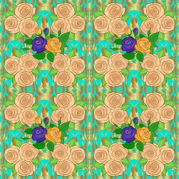 带有玫瑰花和绿叶的褐色 米黄色和蓝色的典雅矢量无缝图案 — 图库矢量图片