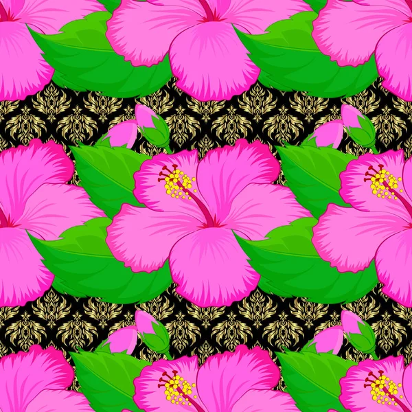 Akvarell Hibiskus Blommor Sömlös Mönster Svart Bakgrund Vektor Romantisk Bakgrund — Stock vektor
