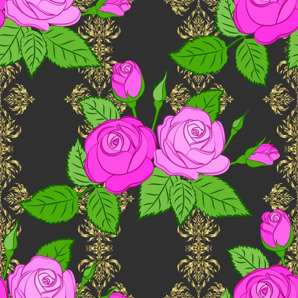 Watercolor Rose Flowers Green Leaves Seamless Pattern Gray Background Vector — Stock Vector