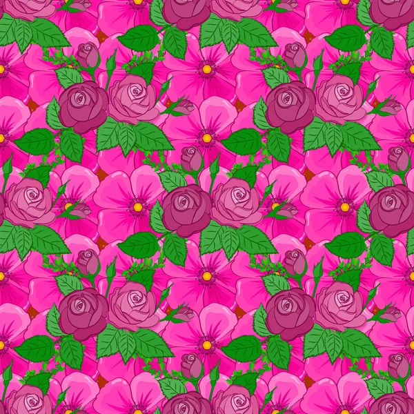 Illustrazione Dipinta Mano Nei Colori Verde Magenta Rosa Fiori Rosa — Vettoriale Stock