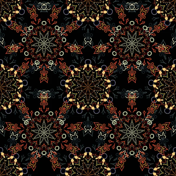 橙三种颜色的黑色底色Ikat Damask Seamless Pattern Background Tile — 图库矢量图片