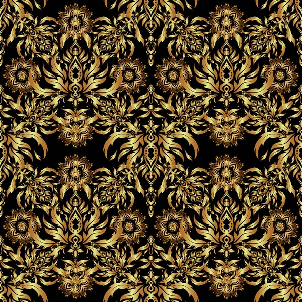 Oriente Con Elementos Repetición Dorada Damask Vector Clásico Patrón Oro — Vector de stock