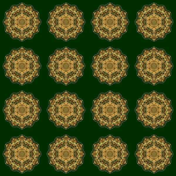 Kleurrijke Gouden Tegel Mandala Een Groene Achtergrond Boho Abstract Naadloos — Stockvector