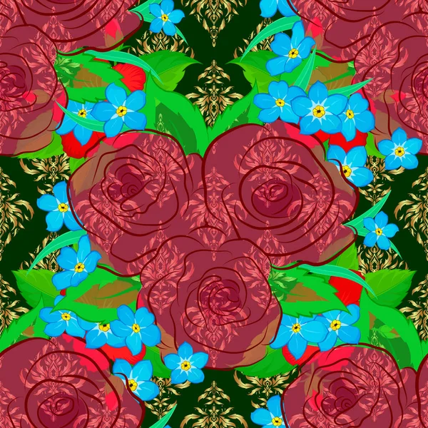 緑の背景にバラの花や緑の葉を持つ抽象的な優雅ベクトルシームレスパターン — ストックベクタ