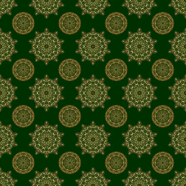 Modelo Sin Costuras Fondo Verde Con Ornamento Vintage Dorado — Vector de stock