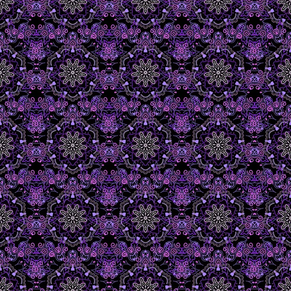 花や曼荼羅の要素を持つエレガントな紫色のシームレスなパターン 素敵なベクトル手描きイラスト — ストックベクタ