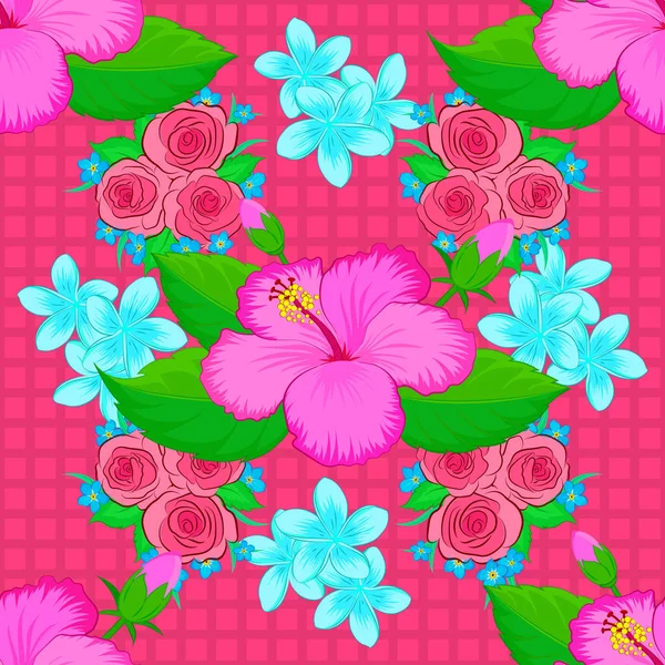 Vektorillustration Nahtloses Blumenmuster Niedlichen Hibiskusblüten Rosa Grünen Und Blauen Farben — Stockvektor